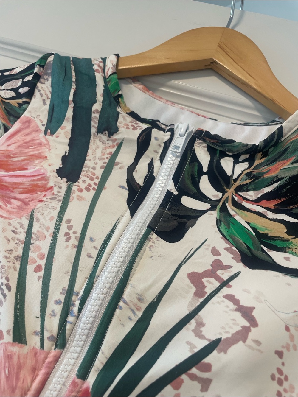 Floral Tropical One-Piece Long Sleeve Swimsuit in Pink and Green - Picture 2 of 7